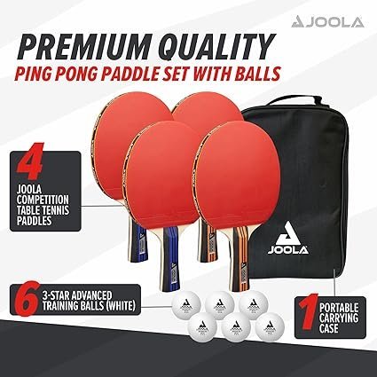 81JNggSWddL._AC_SX425_.jpg JOOLA Premium Table Tennis Set 4 Regulation Ping Pong PaddlesTraining Ping Pong Balls and Carrying Case